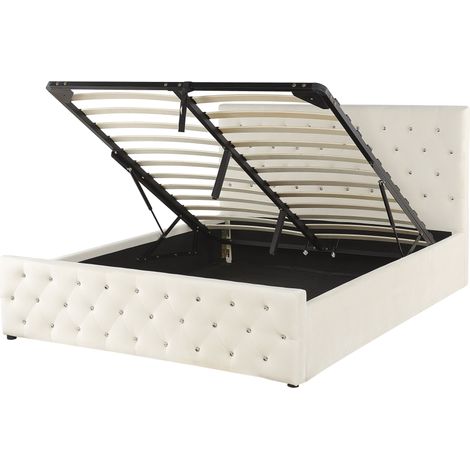 Cama doble tapizada en terciopelo beige 160 x 200 cm con almacenamiento cabecero acolchado Amiens