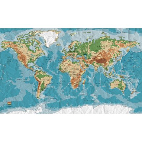 Papier peint panoramique carte du monde Tapisserie panoramique beige et bleue pour bureau Papier peint panoramique aspect papier (1/2)