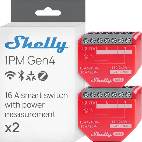 SHELLY 1PM GEN4 INTERRUPTEUR À RELAIS INTELLIGENT ALIMENTÉ PAR WI-FI, 1 CANAL, 16 A, MESURE DE PUISSANCE, DOMOTIQUE, PAS DE HUB