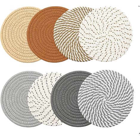 Dessous de plat ronds en coton tissé, lot de 8, pour protéger et isoler de la chaleur vos tasses, bols, assiettes et ustensiles de cuisine. (1/4)