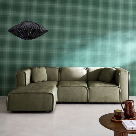 Canapé d'angle gauche 3 places tissu 2 coussins carrés L 230 x P 145 x H 70 cm - Lester Tissu Kaki (1/5)