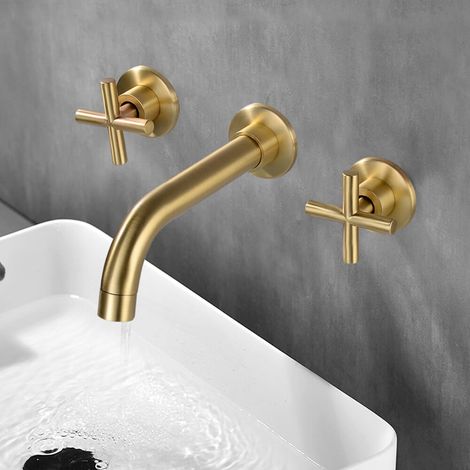 Messing-Badezimmerarmatur, für Waschbecken und Badewanne, dreilöchrige Wandarmatur mit Doppelgriff