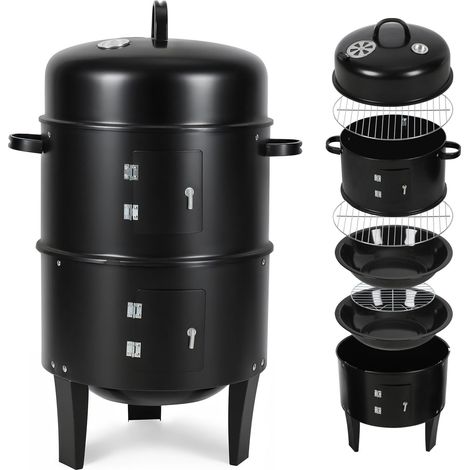 Wolketon 3 en 1 Barbecue Fumoir Charbon de Bois Multifonctions BBQ avec Thermomètre, Réglage d'air, Bac à eau, 3 chambres 40 x 80 cm (1/5)