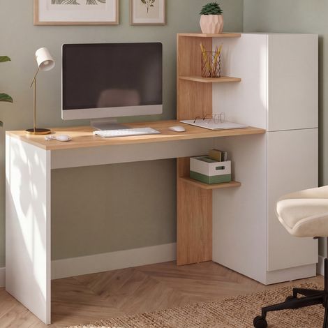 Escritorio con armario de almacenamiento de 140 x 50 cm, modelo NICO, con estantes en blanco y madera (1/5)