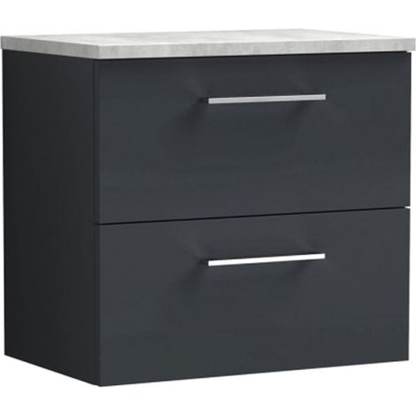 Nuie Arno Wall Hung 2-Drawer Vanity Unit with Bellato Grey Worktop 600mm Wide - Satin Anthracite (1/4)
