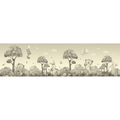 Frise auto-collante ourson, renard et lapin en noir et beige - 1 rouleau de 0,97 x 5 m (1/3)