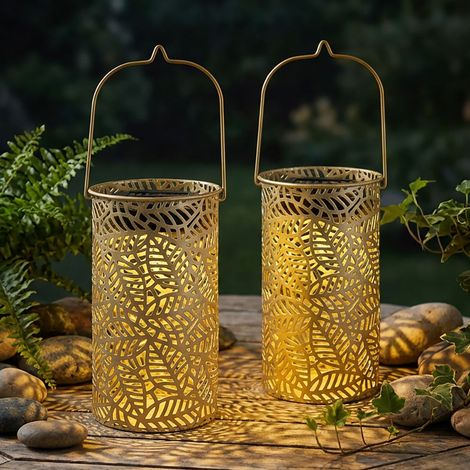 LED Solarleuchte Lichteffekt Solarlaterne Blättermuster Gartenleuchte Solar, Metall gold, LED warmweiß, DxH 10x18 cm, 2er Set