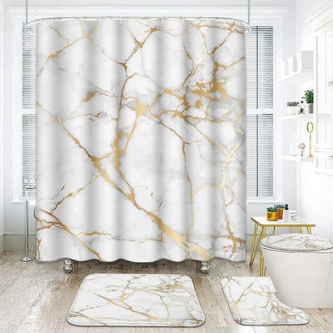 Ensemble de 4 pièces : rideau de douche, rideau de douche, tapis antidérapant, couvre-abattant de toilette et housse de protection pour les toilettes. Motifs géométriques, pierre rose, abstrait, moder (1/5)