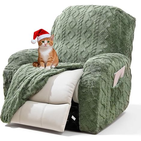 Lot de 4 Housses de Fauteuil Relax en Tissu Jacquard Géométrique Vert de Noël, Housse de Canapé Douce et Pelucheuse, Protecteur de Meuble Antidérapant avec Fond Élastique pour Enfants, Chats et Chiens (1/4)