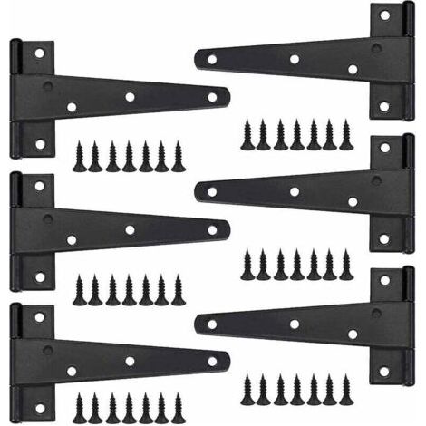 Charniere Porte Lourde 6pcs, Charniere Porte 6 Pouces,Charnière en T Noires avec Vis, Charniere Plate Inox Charnières de Portes en Fer Charnières Robustes pour Portes, Fenêtres,Entrept,Abris d