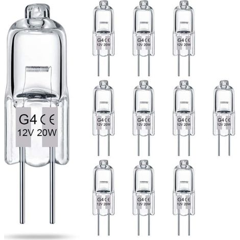 Confezione da 10 lampadine alogene a bassa tensione G4 trasparenti, 12V 20W, regolabili, lunga durata, a due perni, per lampade di cristallo e diffusori di aromaterapia (1/5)