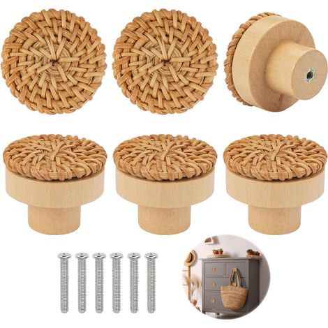 Lot de 6 boutons de meubles en rotin 4 x 3 cm Style vintage Ronds En bois Avec vis Pour armoire, tiroir, salon, armoires de cuisine (1/5)