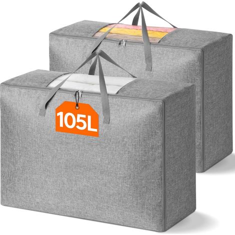Lot de 2 Sac Rangement, 105L Grande Capacité, Lin Polyester Robuste, Poignées Renforcées, Fenêtre Transparente, Pour Sous Lit