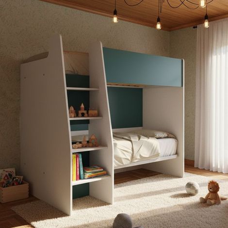Letto a castello salvaspazio con scaletta frontale - Montaggio facile - Bianco e Petrolio