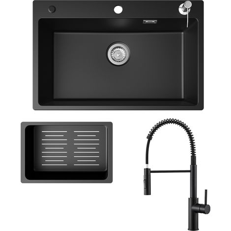 Fregadero de cocina 70x45cm fregadero de granito negro antracita con dosificador de jabón + grifo de cocina con resorte negro con 2 tipos de chorro 480 mm (1/5)
