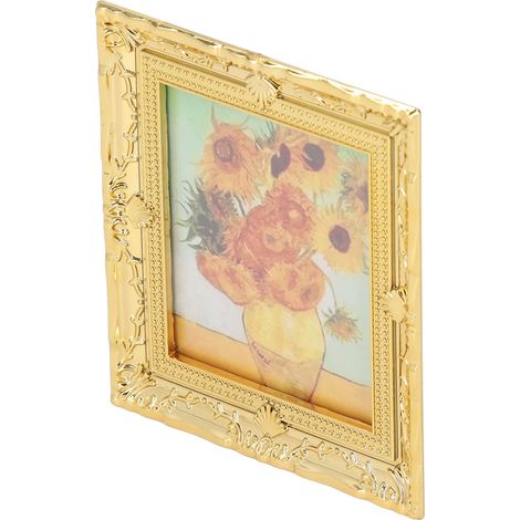 Peinture miniature à l'échelle 1:12, faite à la main, avec un cadre doré exquis, peinture à l'huile acrylique pour maisons de poupées, idéale pour les filles et les enfants, sur le thème du tournesol. (1/5)