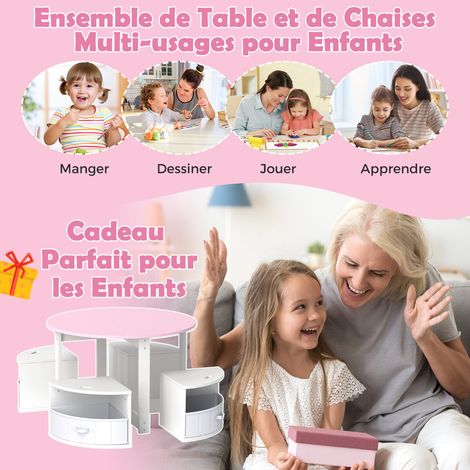 Set de table et chaises pour enfants, table ronde emboîtable avec 4 tabourets et 4 tiroirs en tissu rose et blanc (1/5)