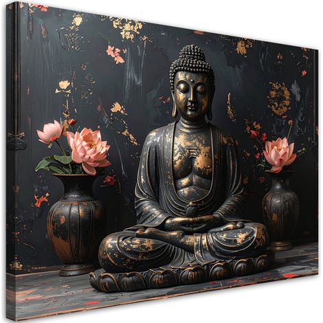 Tableau déco Bouddha Zen Spa Fleurs sur fond noir 60x40 (1/4)