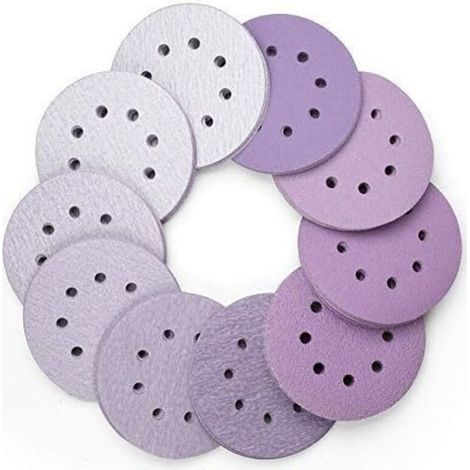 100 disques abrasifs de 125 mm, grains 60, 80, 100, 120, 180, 220, 240, 320, 400 et 800, 8 trous, finition luxueuse (violet). (1/5)