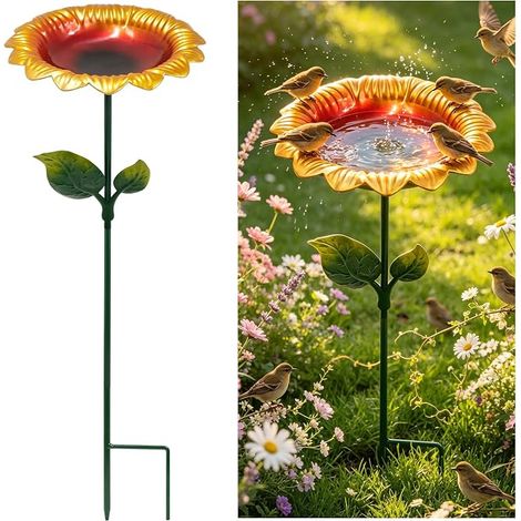 Abreuvoir à oiseaux debout en métal pour oiseaux Abreuvoir à oiseaux amovible Abreuvoir d'eau avec piquet Distributeur de nourriture pour oiseaux sauvages Pour oiseaux terrasse jardin (1/5)