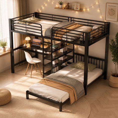 Cama alta 250x205x168 cm negra en metal y MDF con escritorio, almacenaje y tomas USB y Type-C (1/5)