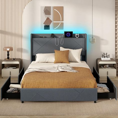 lit cadre 160x200 140 x 190 avec sommier 140x200 LED adulte tête rangement 2 place personnes double complete lumières (1/5)