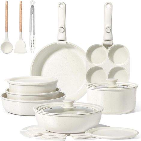 Batteries de Cuisine avec Poignée Amovible , Sets de Poêles et Casseroles avec Revêtement Antiadhésif en Granit, Adapté au Camping, Résistantes au Four, Compatible Tous Feux(Blanc) (1/5)