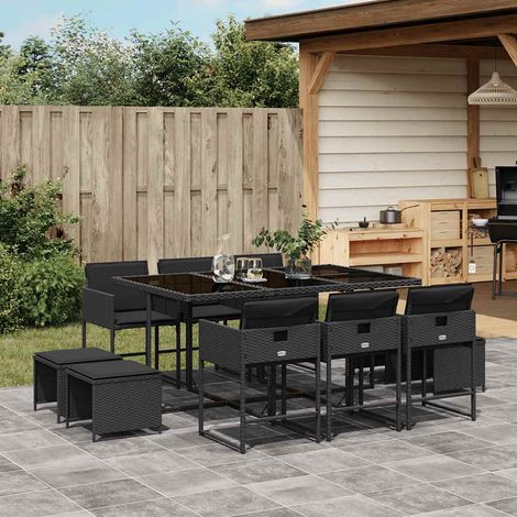 Ensemble de Jardin 11 Pièces - Table en Acacia et Chaises en Résine Tressée Noire avec 10 Coussins Crème (1/5)