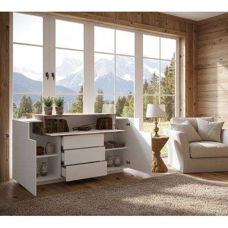 Credenza - 3 Cassetti 2 Ripiani, Bianco Lucido, -, 160x45x86h cm Quito