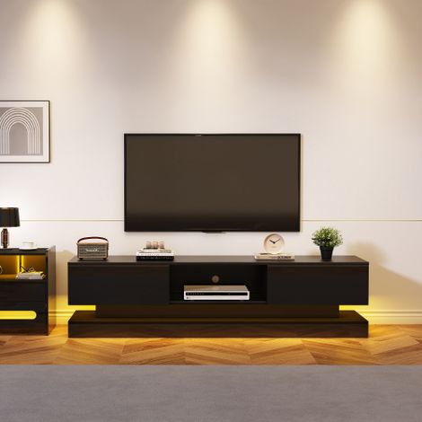Mobile porta TV nero lucido, 160 x 35 x 40,5 cm, con illuminazione a LED, 2 cassetti, comandi tramite app, design antiribaltamento, adatto per TV da 60 pollici, mobili porta TV, supporti TV bassi