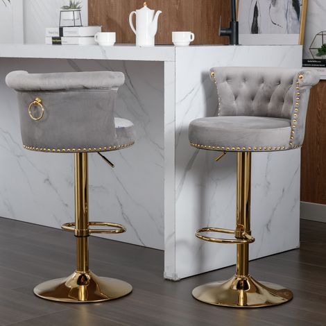 Set di 2 sgabelli da bar, sedia regolabile in altezza, girevoli a 360°, cucina/sala da pranzo/soggiorno, velluto, grigio (1/5)