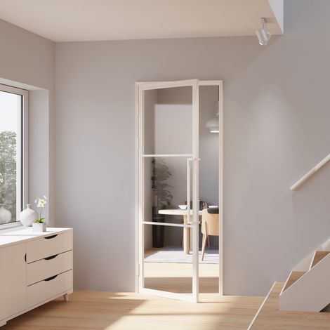 Porte verrière intérieure 83 x 197 cm, bloc porte Loft blanc, verre transparent, style atelier 2 rayures, ouverture tirant gauche