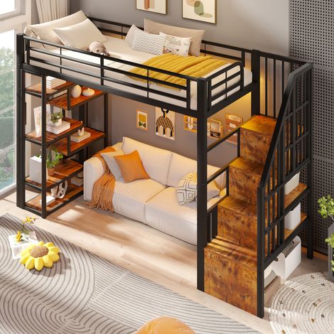Lit mezzanine 90x200cm, en fer, barrière de sécurité, échelle, LED, rangement ouvert sous le lit, matelas non inclus, noir (1/5)