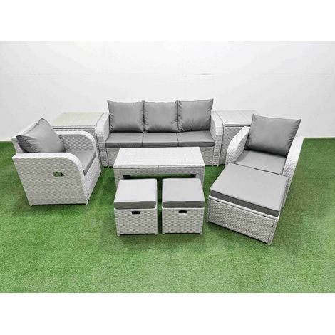 Fimous PE Rattan Garden Furniture Set Reclining Chair Sofa Lounge Sofa Set Rectangular Coffee Table 2 Side Table 3 Stools Light Grey (1/4)