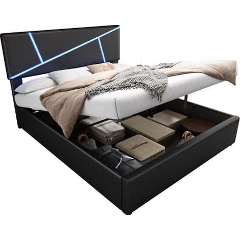 Lit rembourré confortable (avec bandes LED), 140 x 200 cm (format lit double)  inclut sommier à lattes, tête de lit et rangement hydraulique  matériau : similicuir  couleur : noir. (1/5)