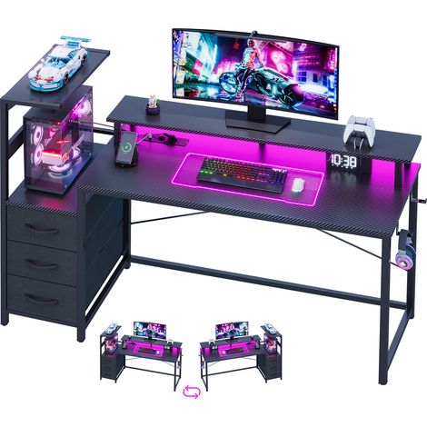 Bureau Gaming LED avec Prise électrique, 150L x 115H x 50l cm Grande Table Gaming avec étagères de Rangement et Support d'écran, Bureau Gamer avec 3 Tiroir en Tissus non tissés
