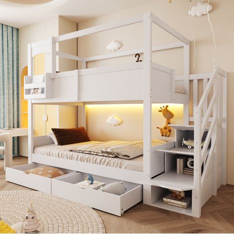 Letto a castello per bambini 90x200 cm con contenitore, lavagna, scaletta e 2 cassetti, realizzato in legno massello di pino e MDF, bianco (1/5)