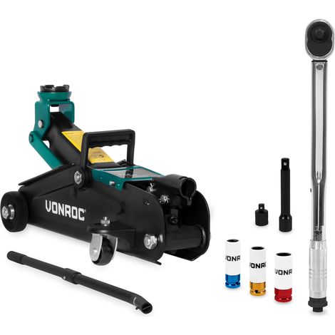 VONROC Reifenwechsel-Set – Wagenheber 2000 kg und Drehmomentschlüssel ½” – inkl. 3-teiligem Stecknuss-Set