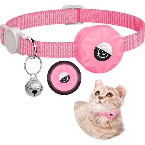 Collier AirTag pour chat, collier réfléchissant détachable pour chaton, collier GPS pour chat avec support AirTag et clochette, collier de suivi léger pour chats femelles, mâles et chiots (rose fluore (1/5)