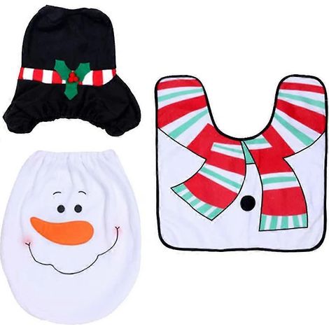 Juego de inodoro con forma de muñeco de nieve, funda para asiento, decoración navideña, alfombra, caja de pañuelos, juego para baño e inodoro. (1/4)