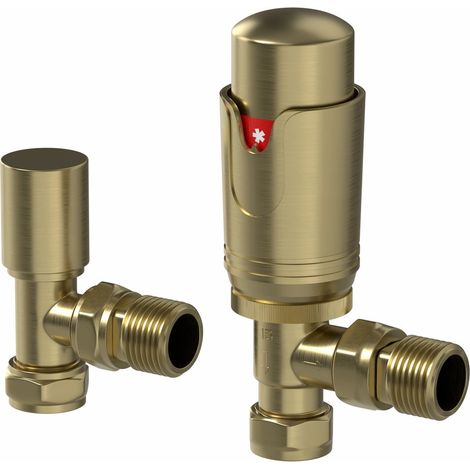 Galiflo Angled Thermostatic Radiator Valve & Lockshield – Brushed Brass, 15mm TRV