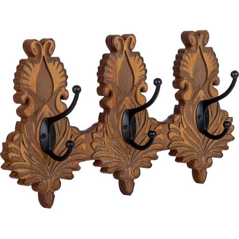Percha de pared de madera de 3 ganchos marrón 36x8x20.5h cm (1/5)