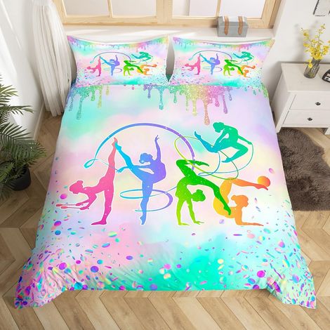 Housse de couette taille S pour fille - Motif aquarelle arc-en-ciel paillettes - Impression à paillettes - Pour enfants filles - Danseurs de gymnastique - Housse de couette (1/5)