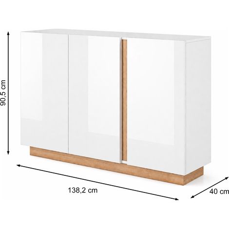 Credenza Soggiorno 3 Ante Madia Moderna Con Ripiani Interni Mobile Contenitore Design Con Apertura A Gola Struttura Capiente Living Elegante Oldenburg 138 x 40 x 90.5 Cm Bianco Lucido e Rovere