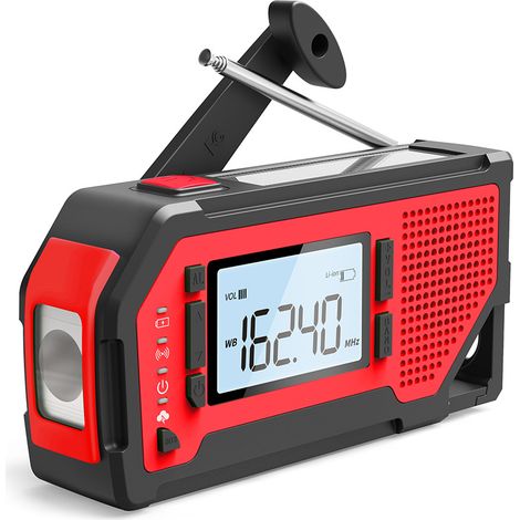 Radio AM/FM avec prévisions météo, batterie 2000 mAh, chargement USB/solaire/manuel, lampe torche pour les urgences intérieures et extérieures.