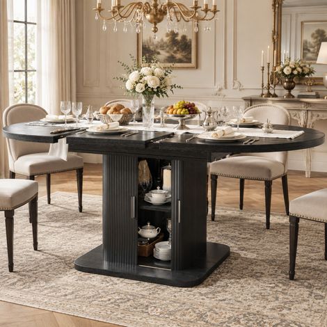 Mesa de comedor extensible ovalada con almacenamiento, 110 a 149,8 cm, negra OKMYHOME (1/5)