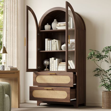 Vetrina Libreria con 2 Cassetti e 3 Ripiani Regolabili, Ante in Vetro, in MDF, 80×40×175 cm, Legno (1/5)