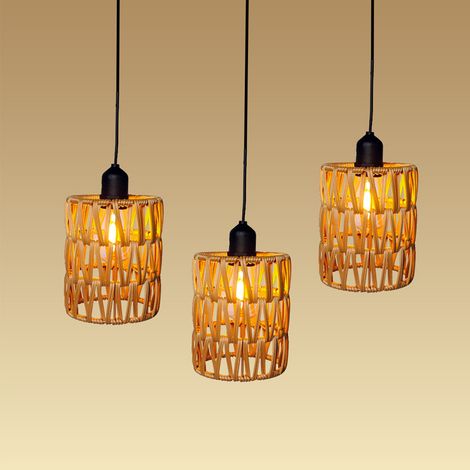 3 paquets de lustres décoratifs en rotin, lustres à piles avec ampoules blanc chaud, petites suspensions avec crochets pour extérieur et intérieur (1/5)