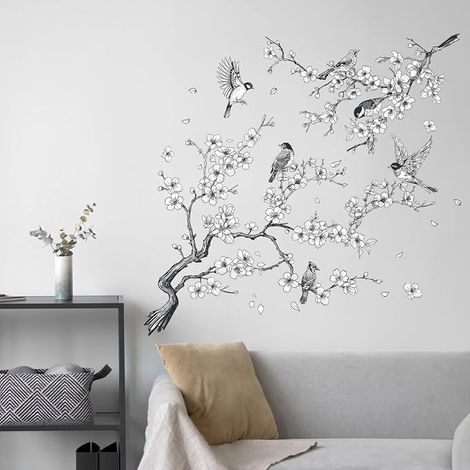 Stickers Muraux Fleurs de Cerisier Noir et Blanc Autocollants Oiseaux sur Branche Décor de Murale Amovible DIY pour Chambre Salon Salle à Manger Couloir (1/3)