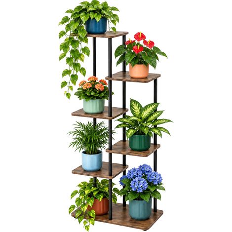 Relaxdays Plant Stand, 6 Tiers, HWD: 107x48x24 cm, Industrial Style, Plant Rack for 7 Flower Pots, Black/Brown (1/5)